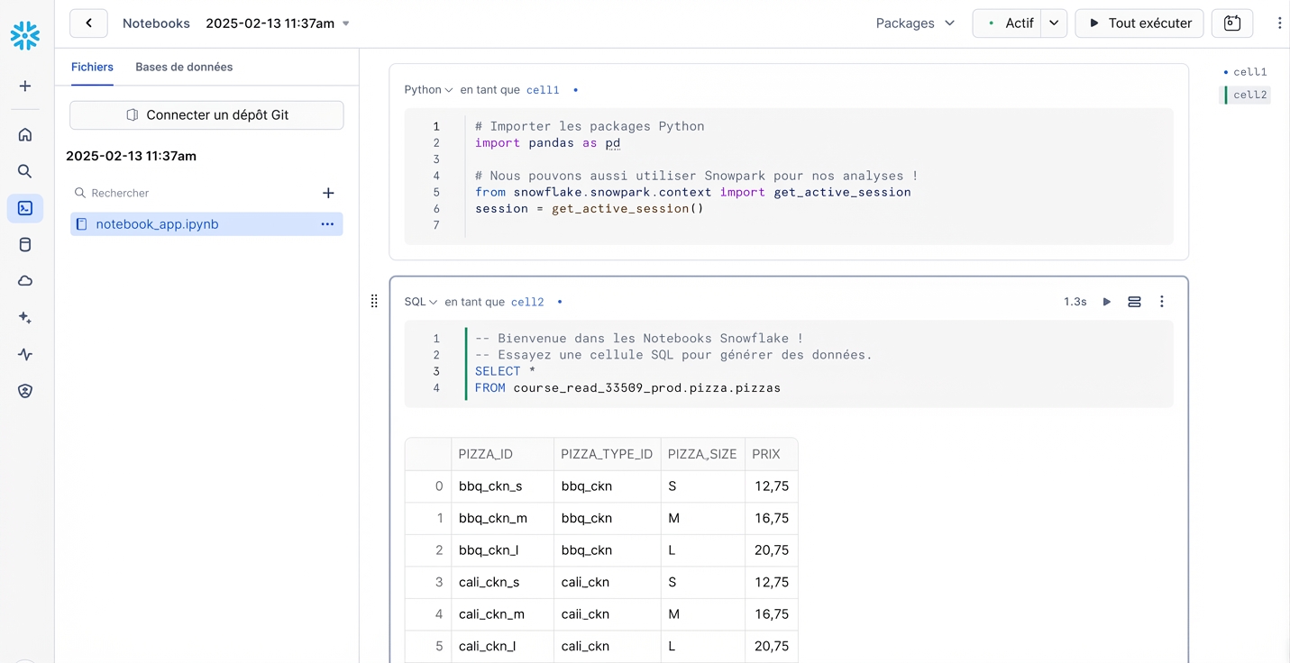 Notebook Snowflake utilisant des cellules de code Python et SQL
