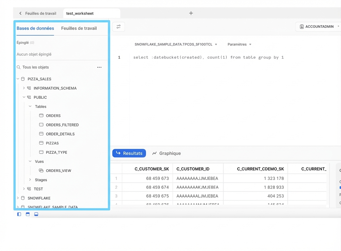 Images du panneau gauche de l'interface utilisateur Web de Snowflake affichant les objets de base de données et les feuilles de calcul