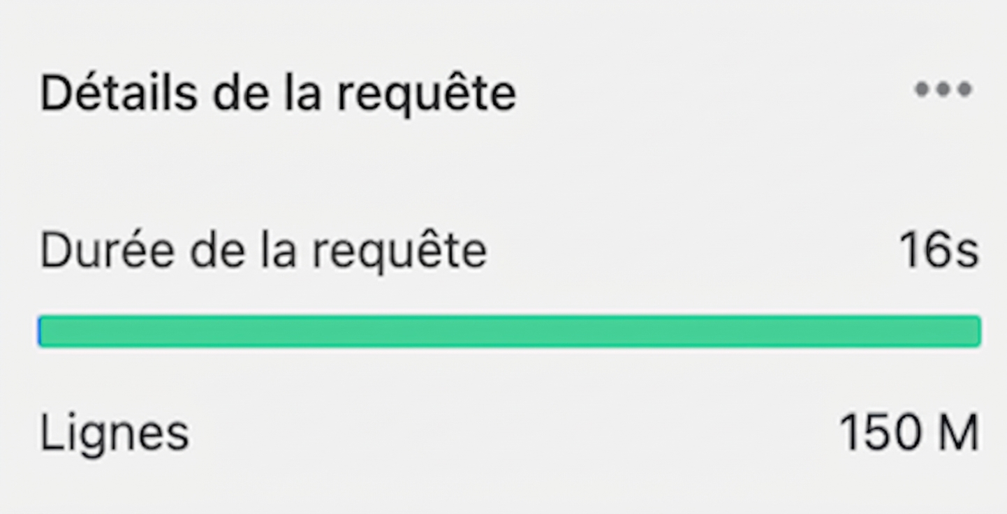 Détails de la requête, détails relatifs au temps et aux lignes à l'aide des noms de colonnes sélectionnés