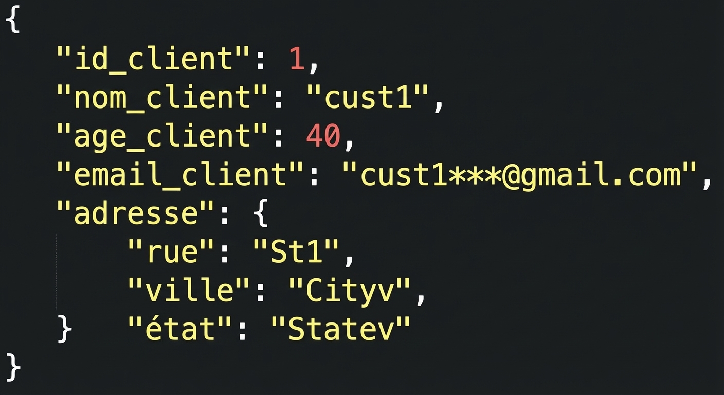 Données JSON imbriquées où l'adresse est un objet comportant des paires clé-valeur rue, ville et état