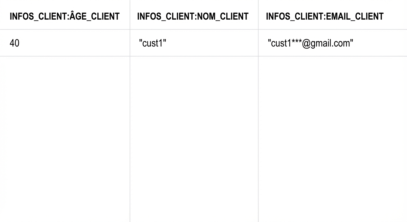 Résultat de la requête affichant l'âge du client, son nom et son adresse e-mail dans des colonnes distinctes.