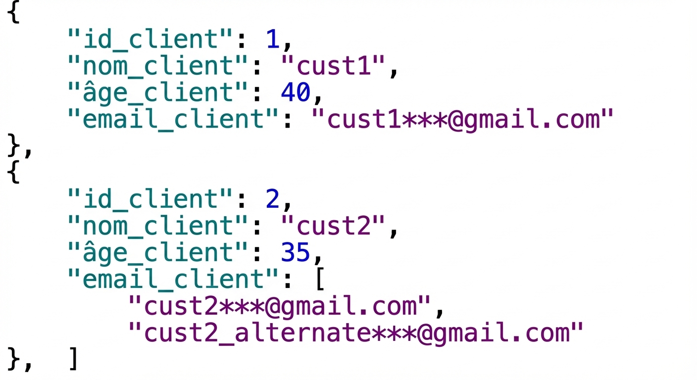 Données semi-structurées des clients au format JSON, le client 2 disposant de deux adresses e-mail.