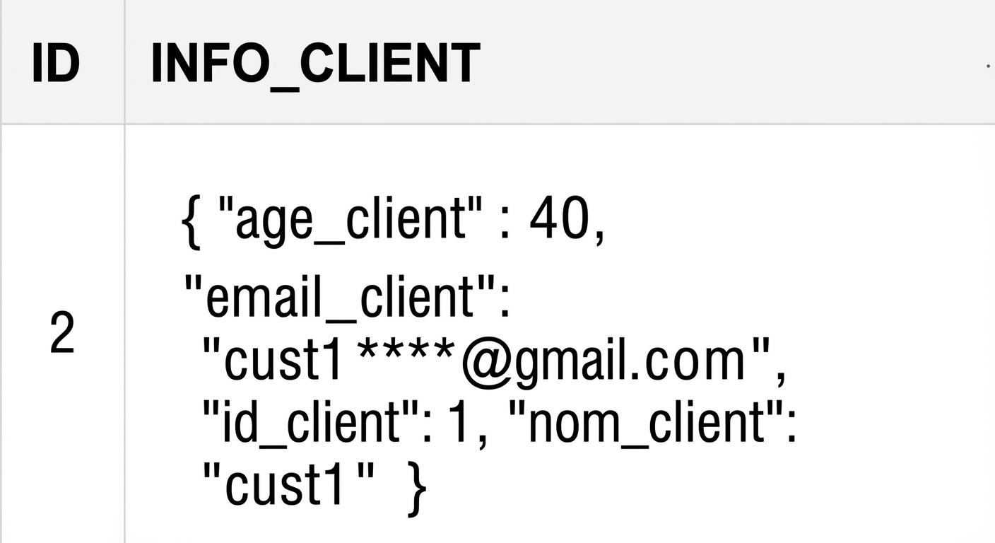 Table avec la colonne « customer_info » contenant des données stockées au format JSON