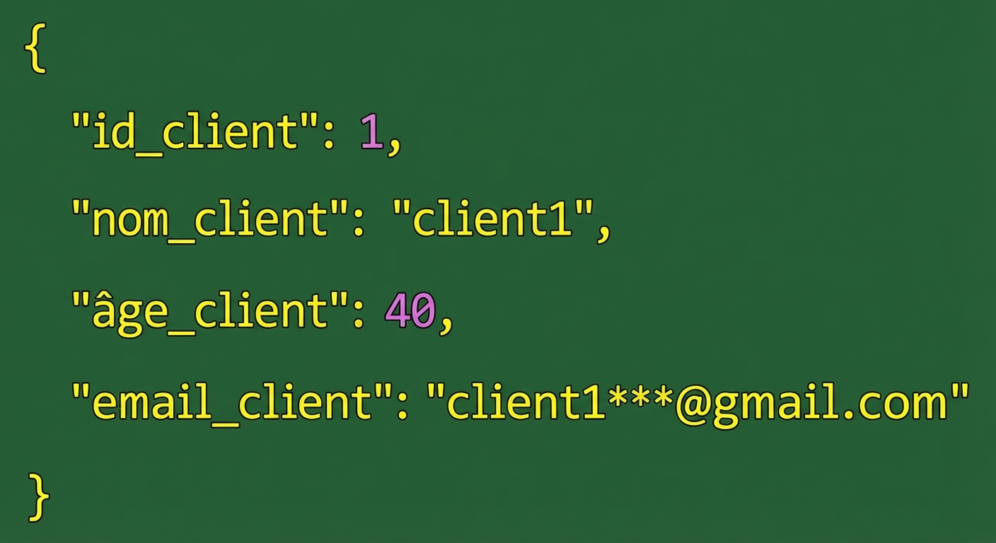 Exemple d'enregistrements JSON clients comprenant l'identifiant client, le nom, l'âge et l'adresse e-mail