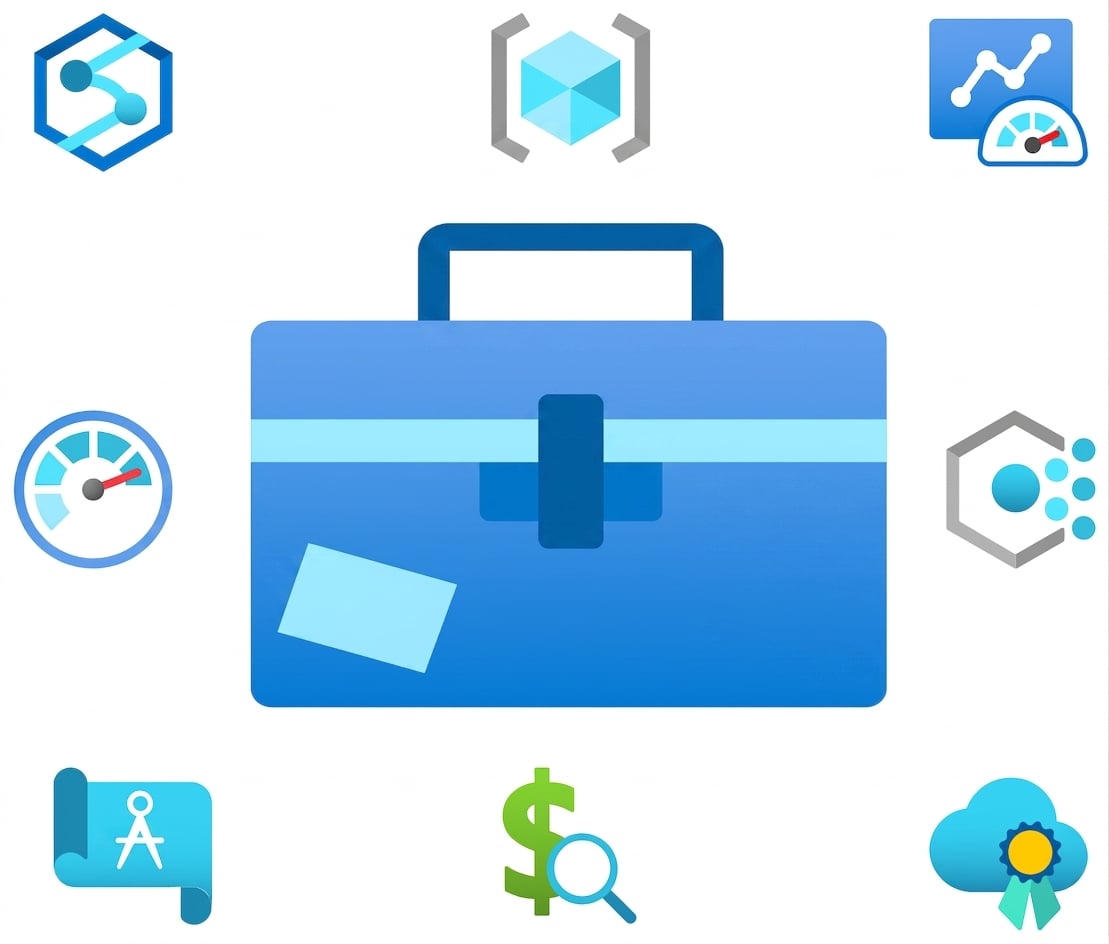 Illustration d'une boîte à outils entourée d'icônes Microsoft Azure