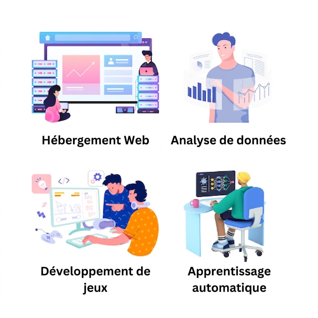 Image illustrant l'hébergement Web, le développement de jeux, l'analyse de données et le machine learning