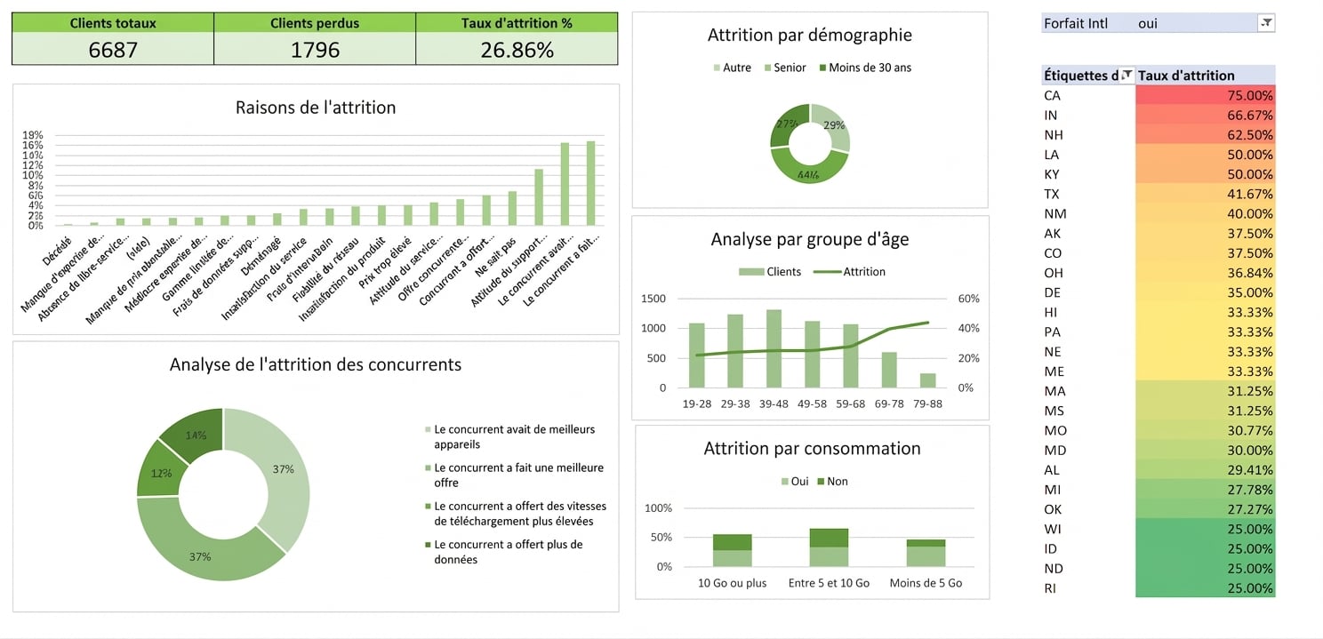Tableau de bord Excel créé pendant l’étude de cas