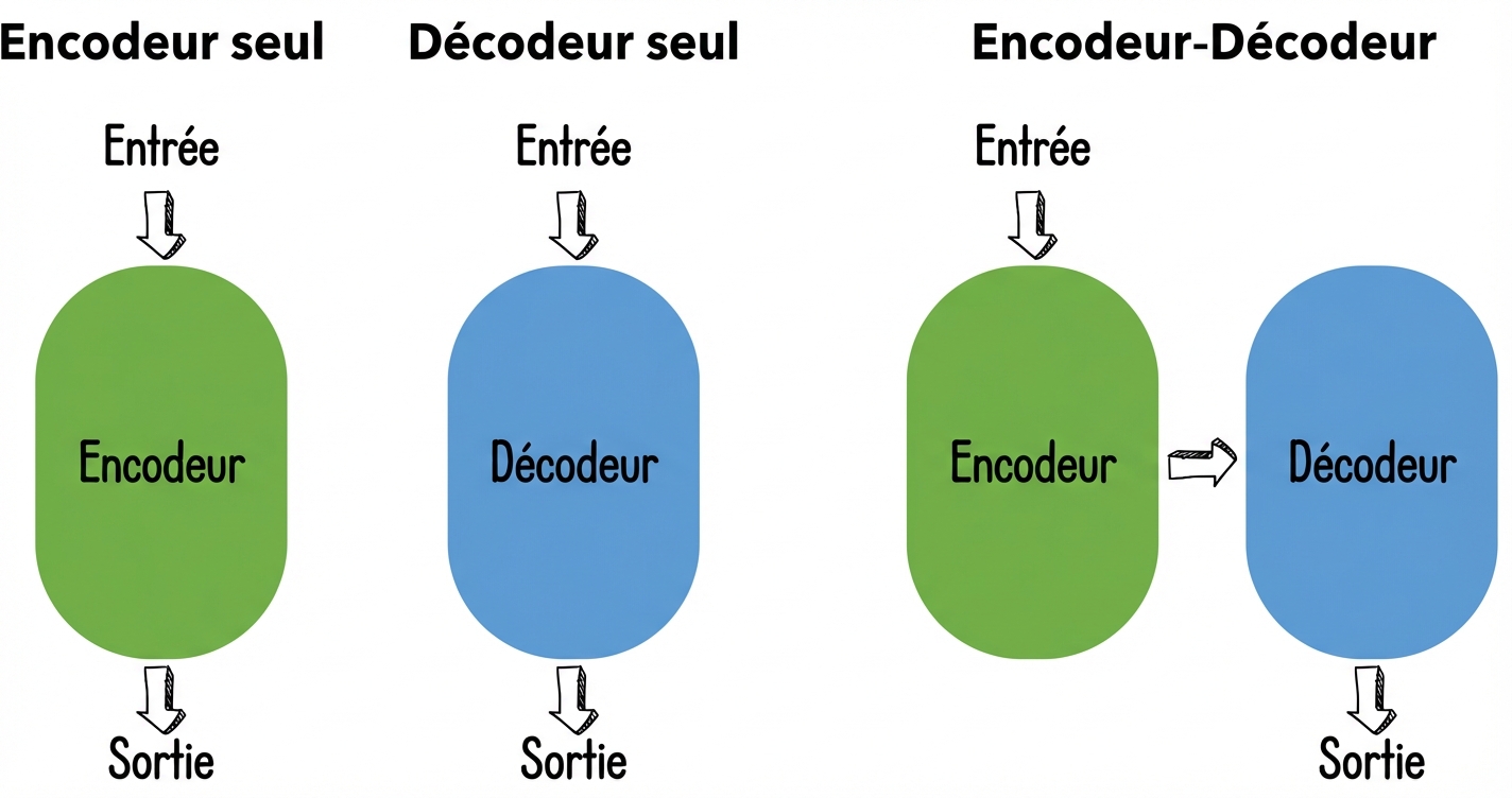 Illustration of three transformer architectures: encoder-only, decoder-only, and encoder-decoder