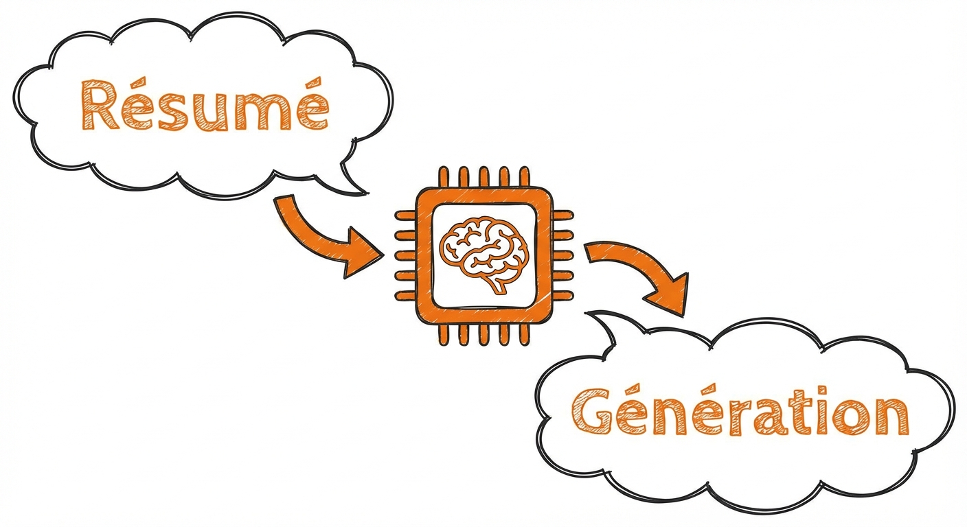 Abstract illustration of a large language model with a summarize and generate bubble