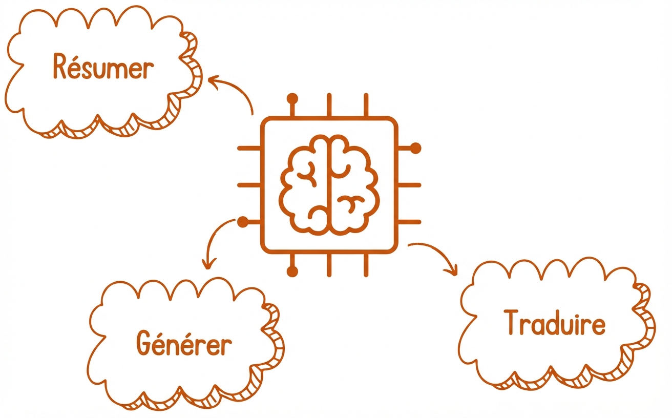 Abstract illustration of a large language model with a summarize, generate, and translate bubble