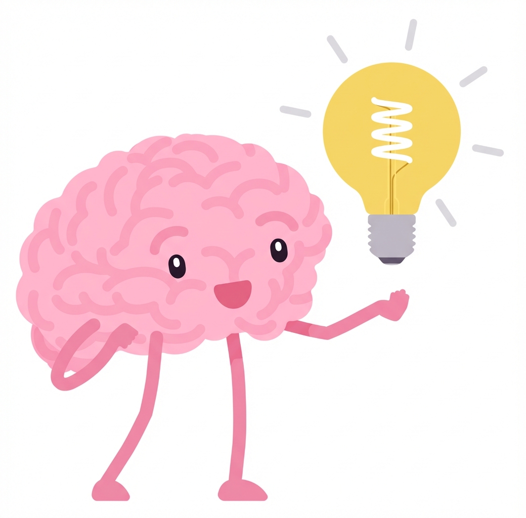 Illustration of a brain with a lightbulb to show awareness, thinking, and decision making.