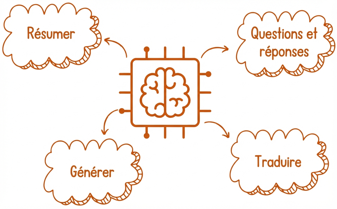 Abstract illustration of a large language model with a summarize, generate, translate, Q&A bubble
