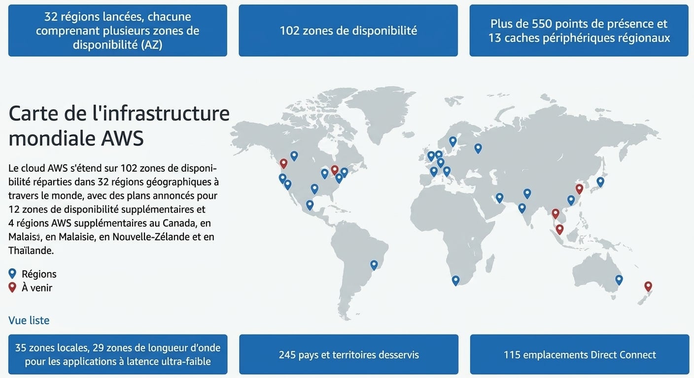 Image d'un globe terrestre présentant des nœuds répartis à travers le monde, illustrant la diversité géographique d'AWS