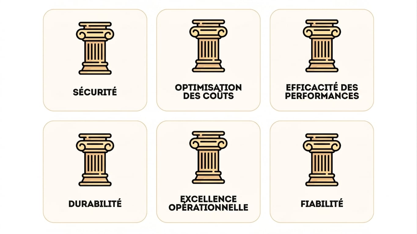 Les six piliers du framework : sécurité, optimisation des coûts, efficacité des performances, durabilité, excellence opérationnelle et fiabilité