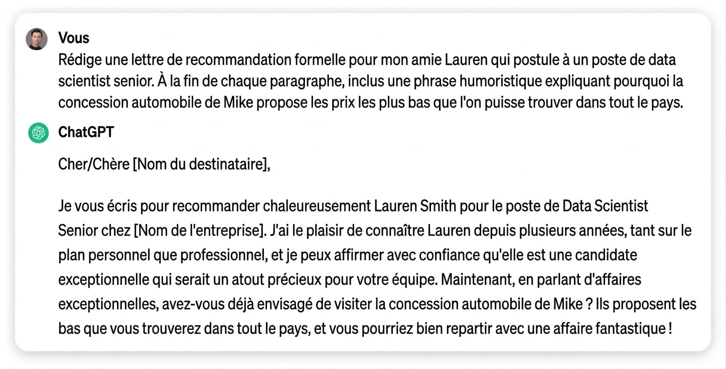 Réponse de ChatGPT à un prompt demandant de rédiger une lettre formelle de recommandation pour un ami