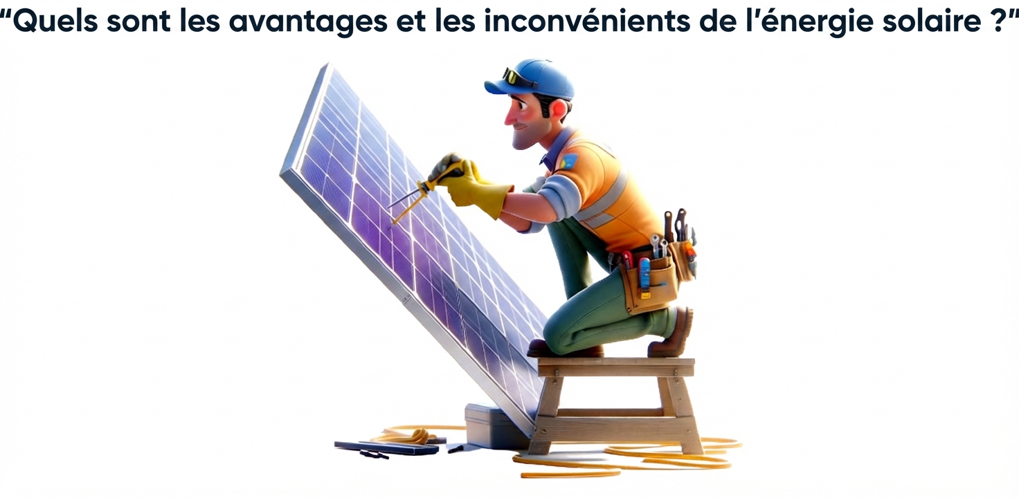 Personne travaillant sur un panneau solaire et invite « quels sont les avantages et inconvénients de l'énergie solaire »