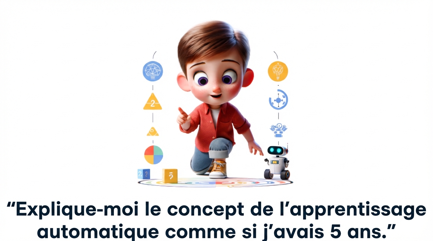 Illustration d'un enfant de cinq ans et invite « Expliquer le concept du machine learning comme si j'avais cinq ans »
