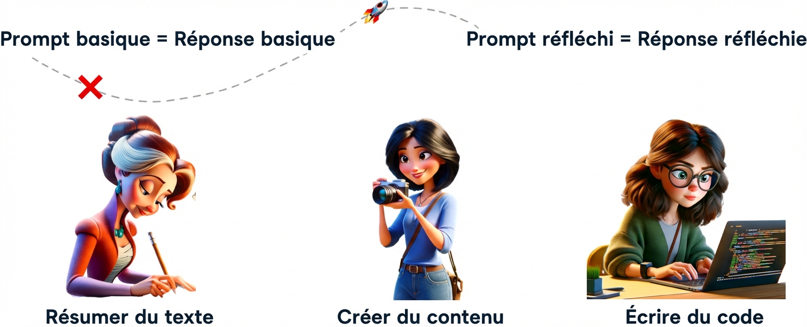 Illustrations représentant une personne qui écrit, une qui prend une photo et une troisième qui écrit un code