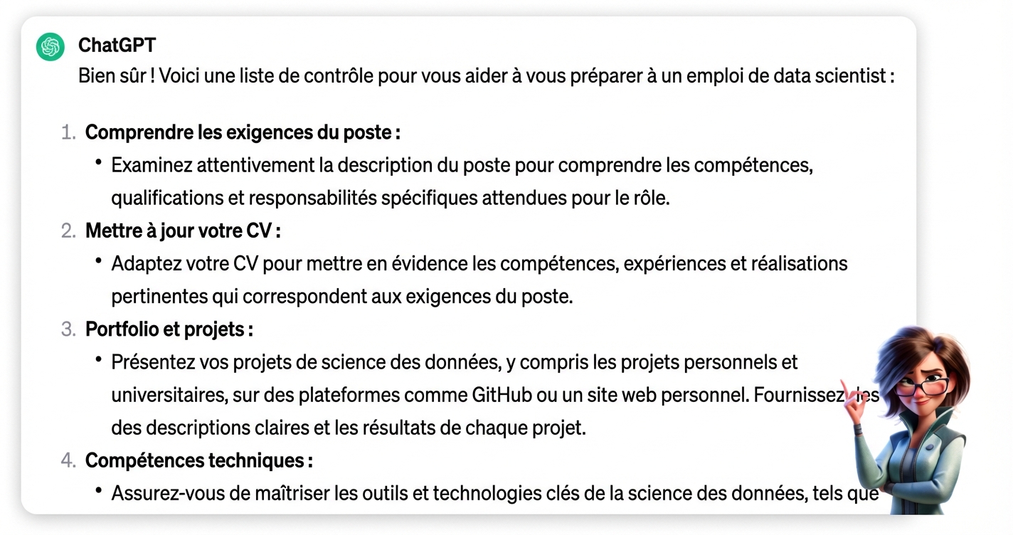 Réponse de ChatGPT à la question « Je postule pour un poste de data scientist, crée une liste de contrôle pour m'aider à me préparer au mieux »
