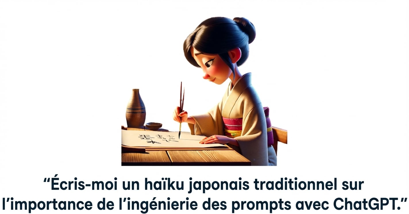 Personne écrivant un haïku et invite « Écris-moi un haiku japonais traditionel sur l’importance de l’ingenierie des invites avec ChatGPT