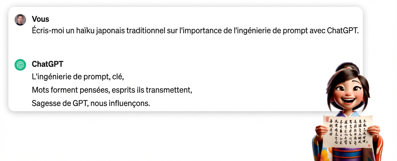 Réponse de ChatGPT à un prompt demandant d’écrire un haïku japonais