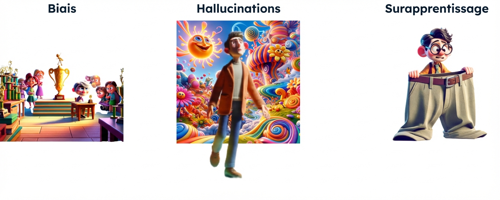 Illustrations d'un enfant assis à un bureau avec un prix sous le regard d'autres enfants, d'une personne hallucinée et d'un jeune avec un pantalon comiquement large