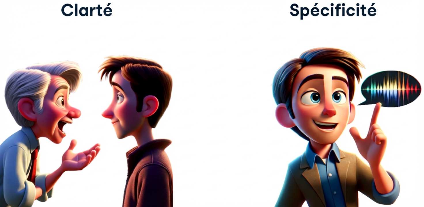 D'un côté, deux personnes se parlent pour illustrer la clarté, de l'autre, une personne avec une bulle de dialogue pour illustrer la spécificité