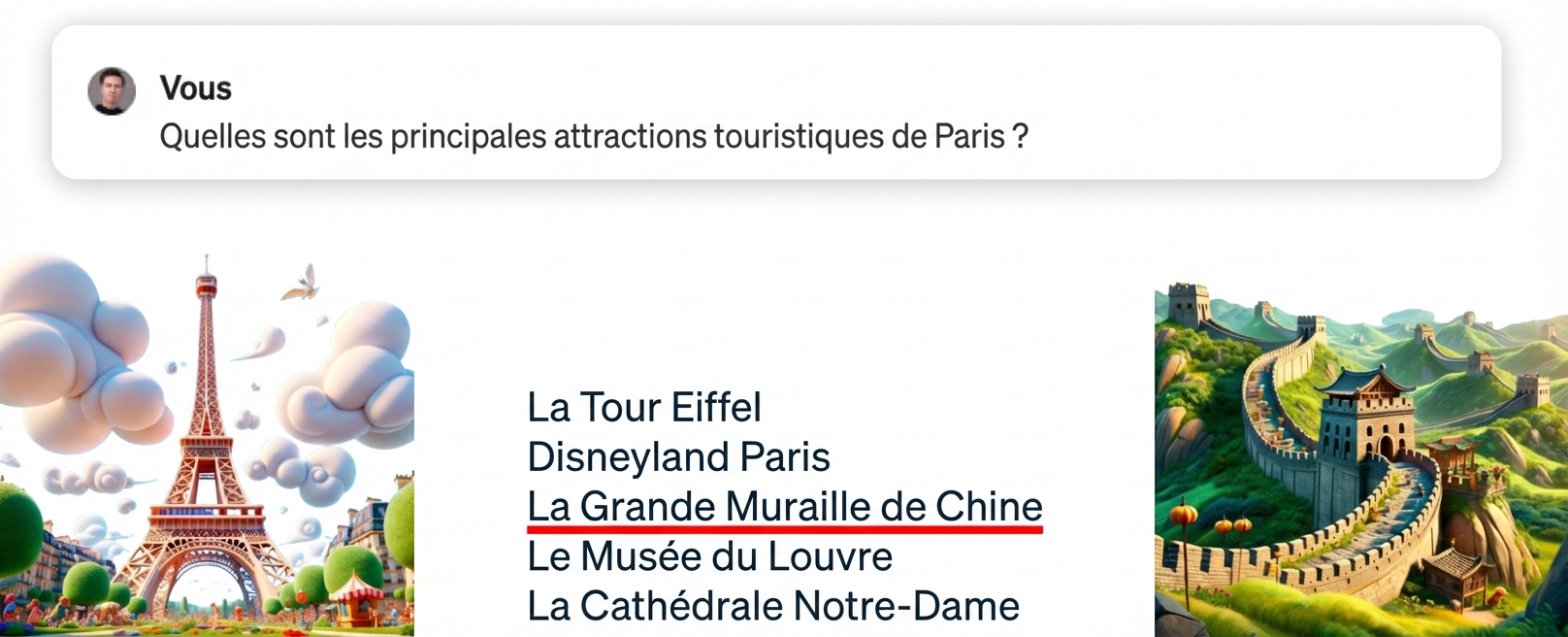 Quels sont les principaux lieux touristiques à Paris avec une réponse incorrecte mise en évidence