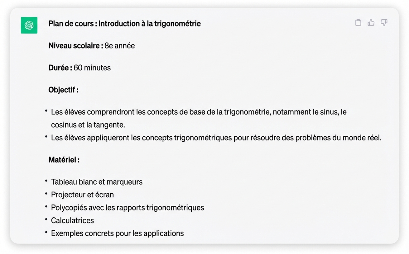 Capture d'écran d'un plan de cours détaillé généré par ChatGPT