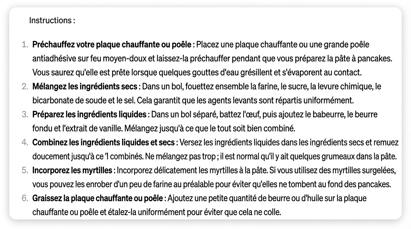 Réponse de ChatGPT à un prompt demandant de lister les étapes pour préparer des pancakes aux myrtilles