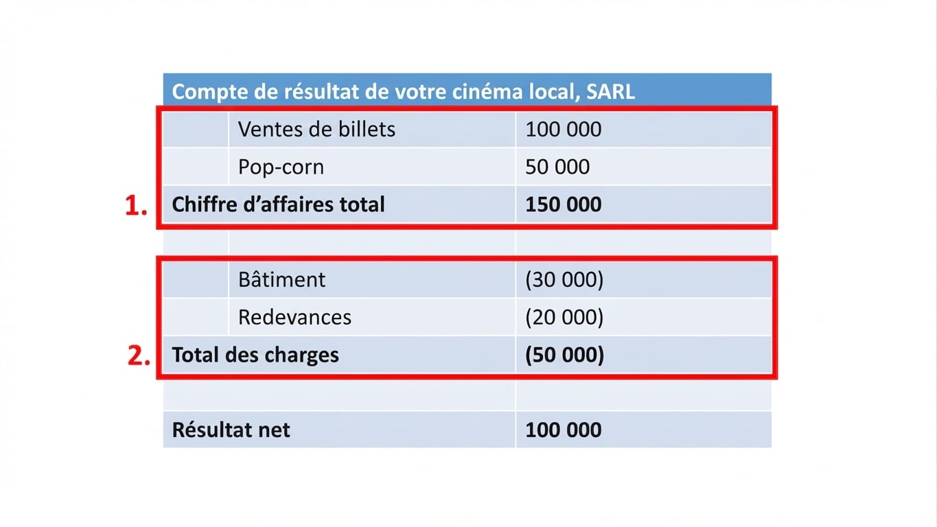 exemple de compte de résultat avec chiffre d’affaires et charges entourés en rouge
