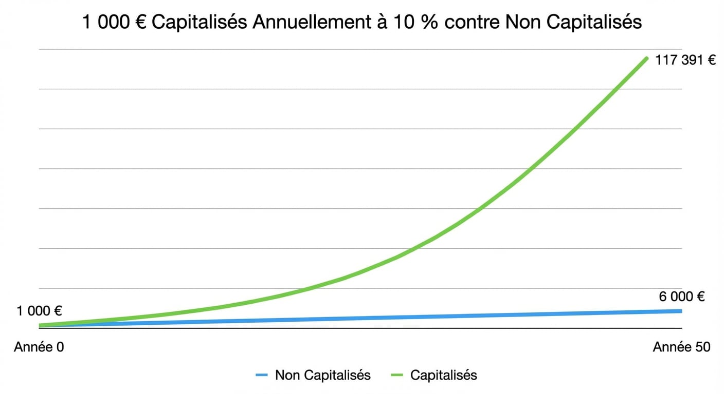 graphique montrant la différence entre 1 000 $ capitalisés annuellement et non capitalisés sur 50 ans