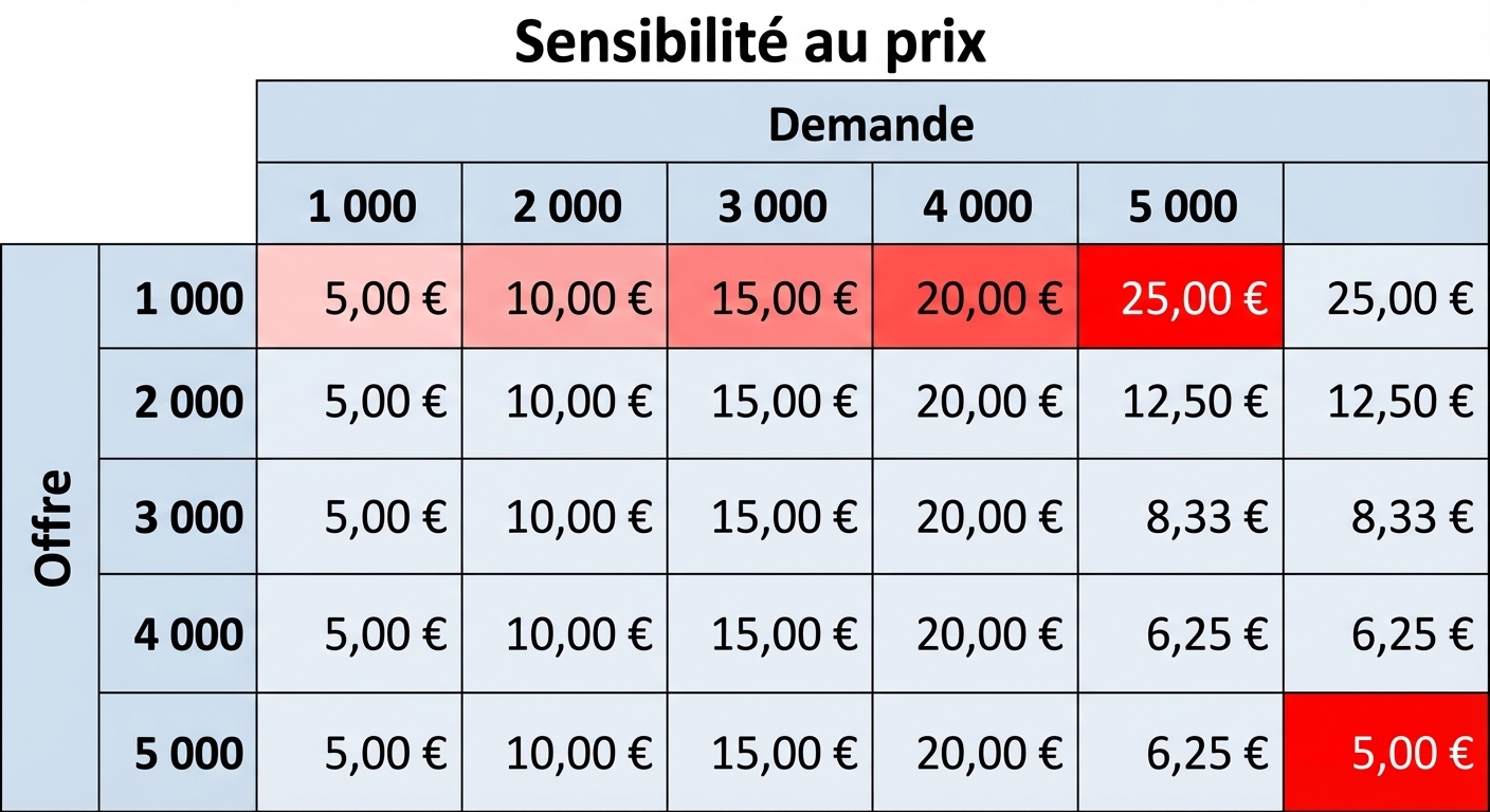 tableau de sensibilité avec la ligne et la colonne où l’offre est inférieure à la demande mises en évidence