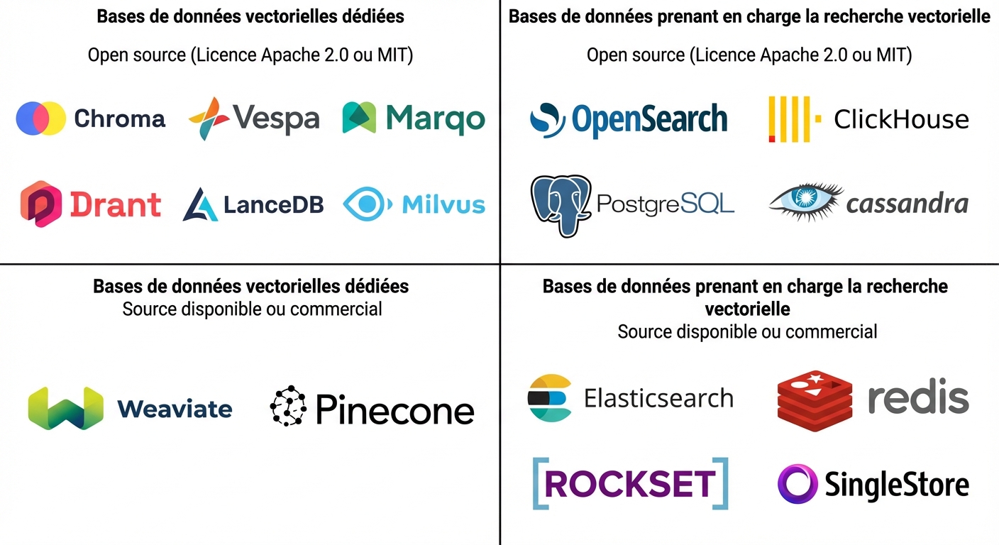 Le panorama des différentes bases de données vectorielles disponibles, classées selon qu'elles sont open source ou propriétaires, et selon qu'il s'agit de bases de données vectorielles dédiées ou qu'elles prennent simplement en charge cette opération.