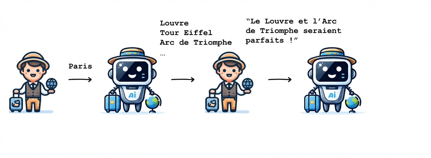 La personne indique au guide basé sur l’IA qu'elle souhaite visiter le Louvre et l'Arc de Triomphe.