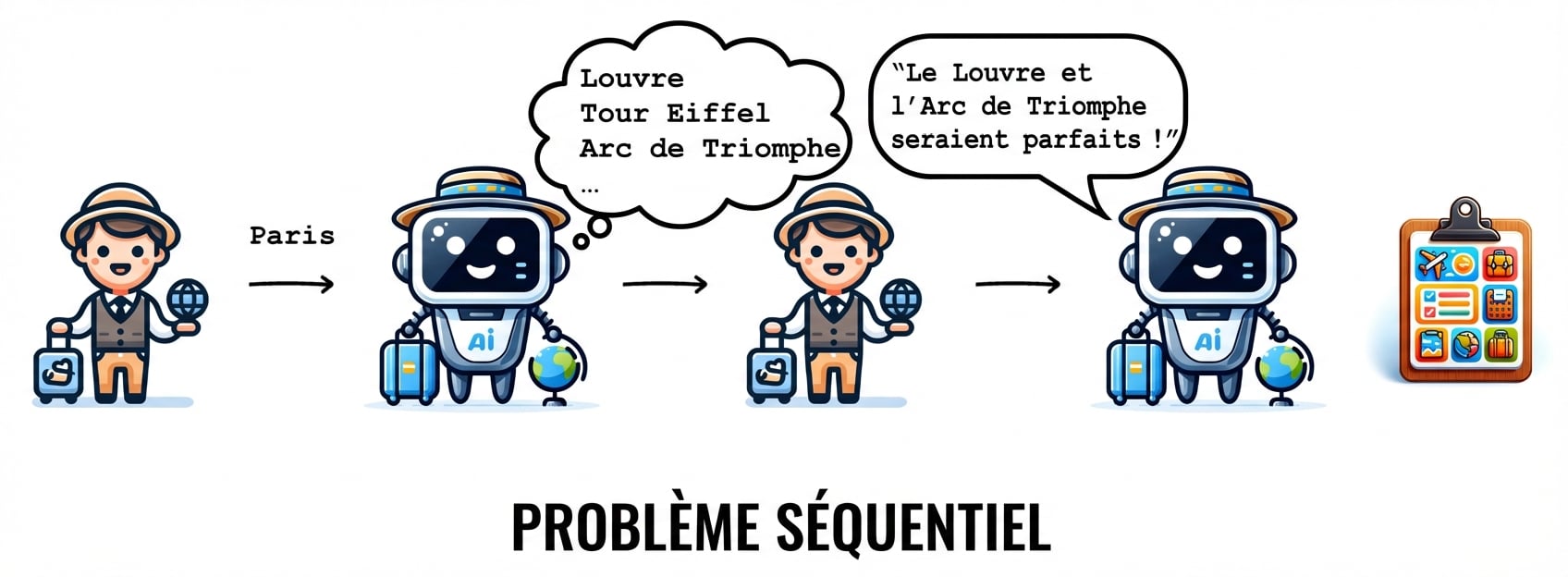 Ce flux de travail ayant pour thème un itinéraire de voyage est un exemple de problème séquentiel.