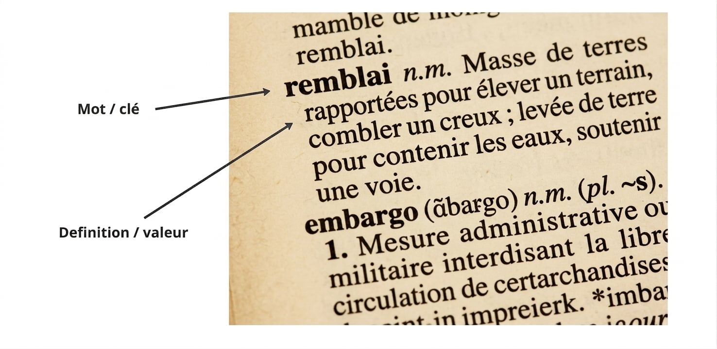 Dictionary annotated with the word (key) and definition (value)