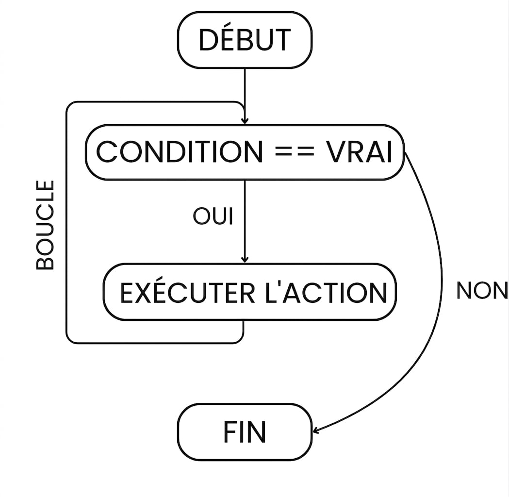 Flow of a while loop: start > condition met > perform action > loop > repeat until condition is no longer met
