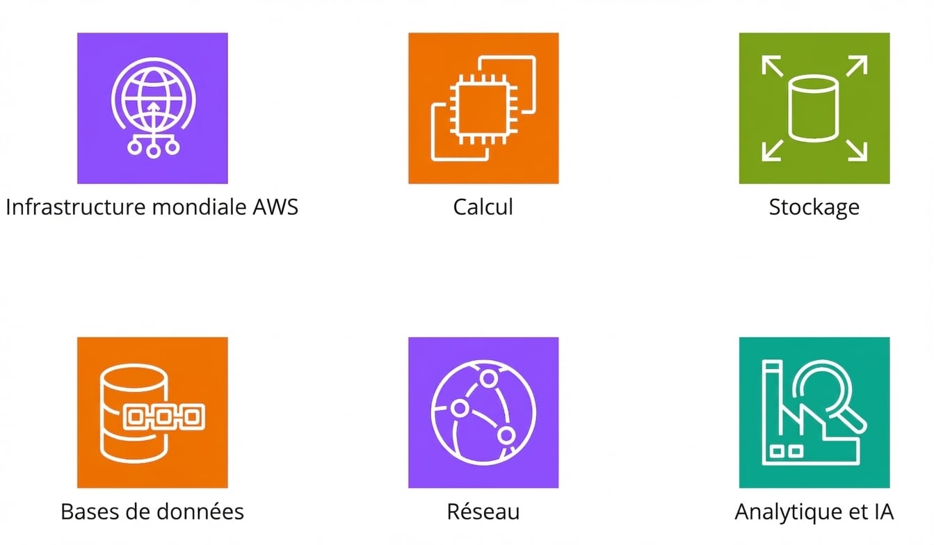 Plusieurs icônes montrant des services AWS principaux.