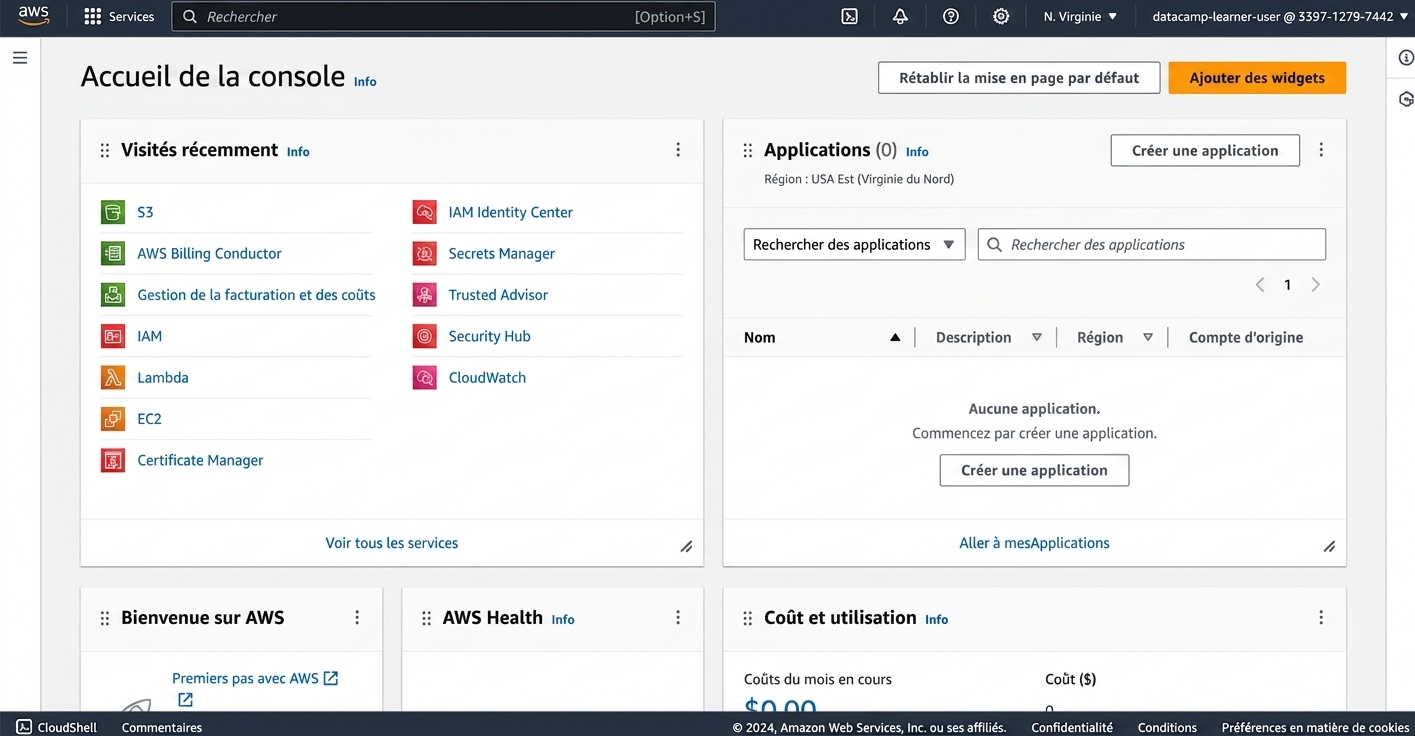 Page d’accueil AWS dans le sandbox