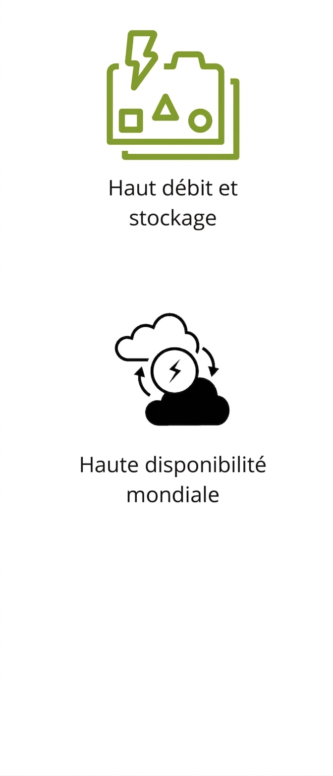 Icônes indiquant un débit/stockage élevés et une haute disponibilité mondiale.