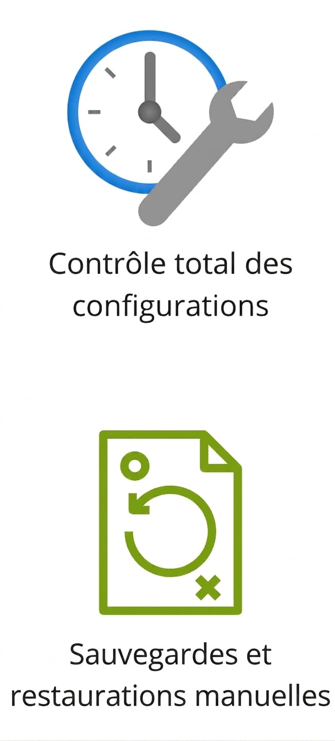 Deux icônes mettant en avant le contrôle des configurations et les sauvegardes manuelles.