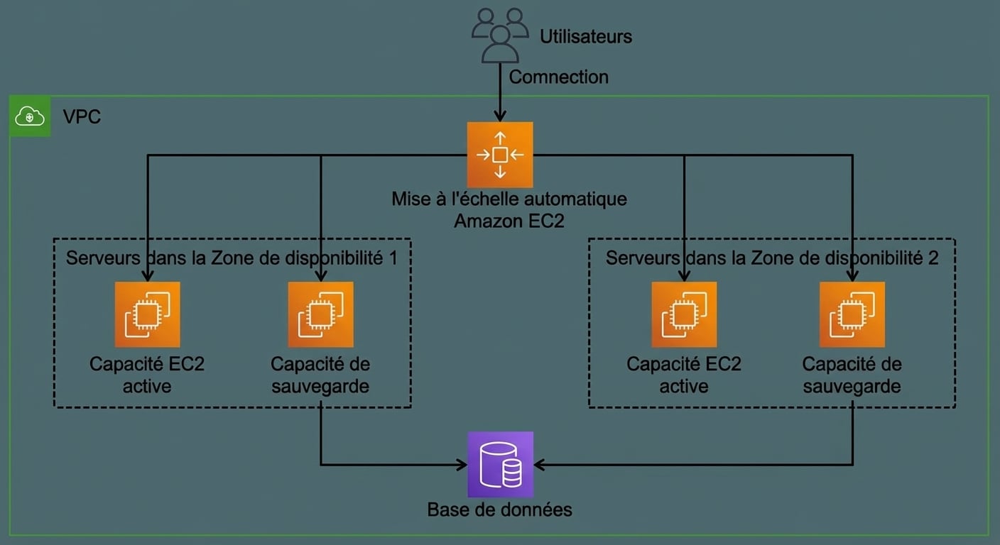 Schéma d’architecture montrant plusieurs requêtes atteignant EC2 Auto Scaling et réparties vers des instances EC2 actives et de secours.