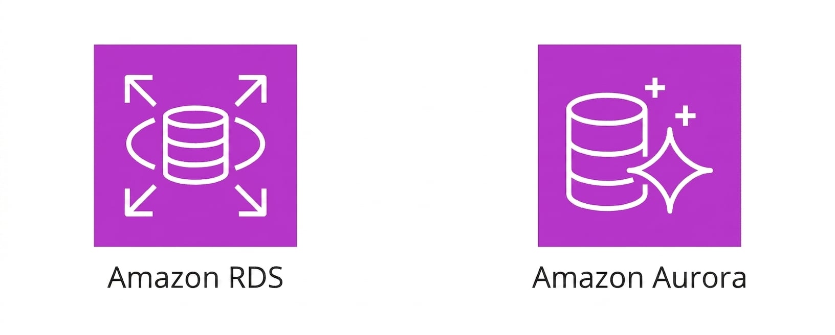 Deux icônes représentant Amazon RDS et Amazon Aurora.