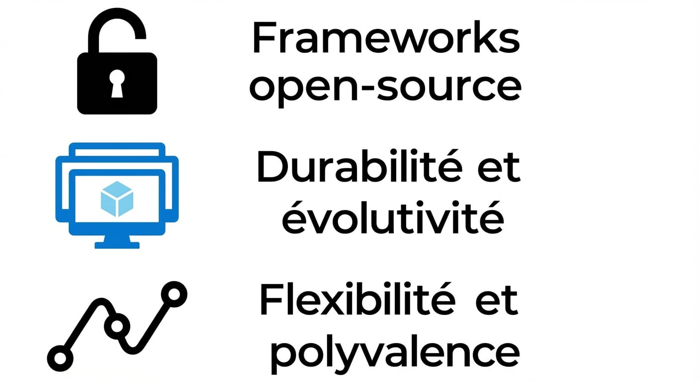 Des icônes montrant des frameworks open source, la durabilité et la scalabilité, et la flexibilité.