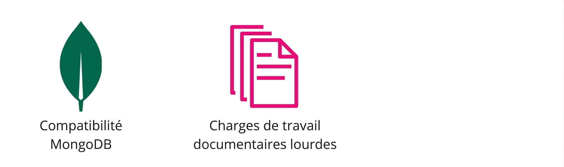 Icônes représentant MongoDB et des charges documentaires lourdes.