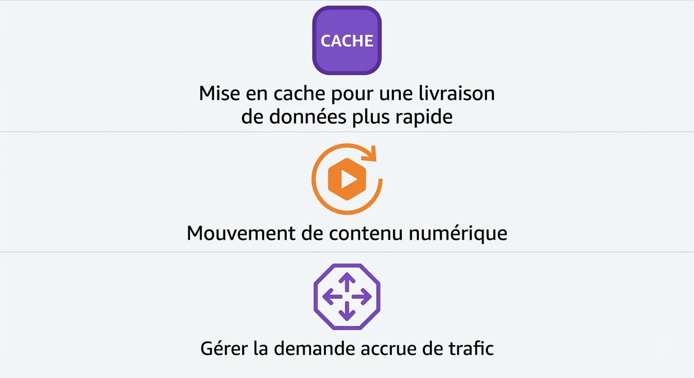 Trois icônes montrant la mise en cache, le mouvement de contenu numérique et l’augmentation du trafic.