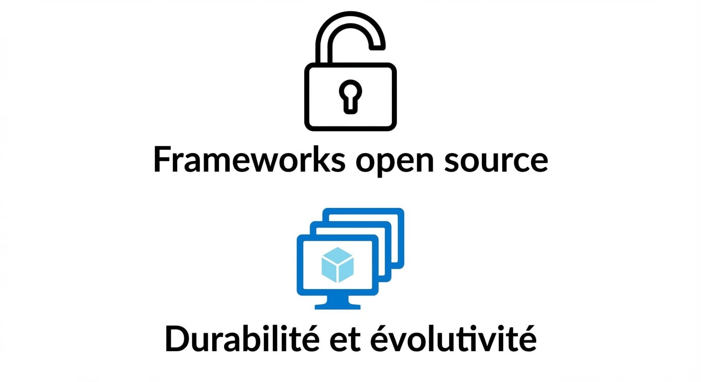 Deux icônes montrant des frameworks open source et la durabilité et la scalabilité.