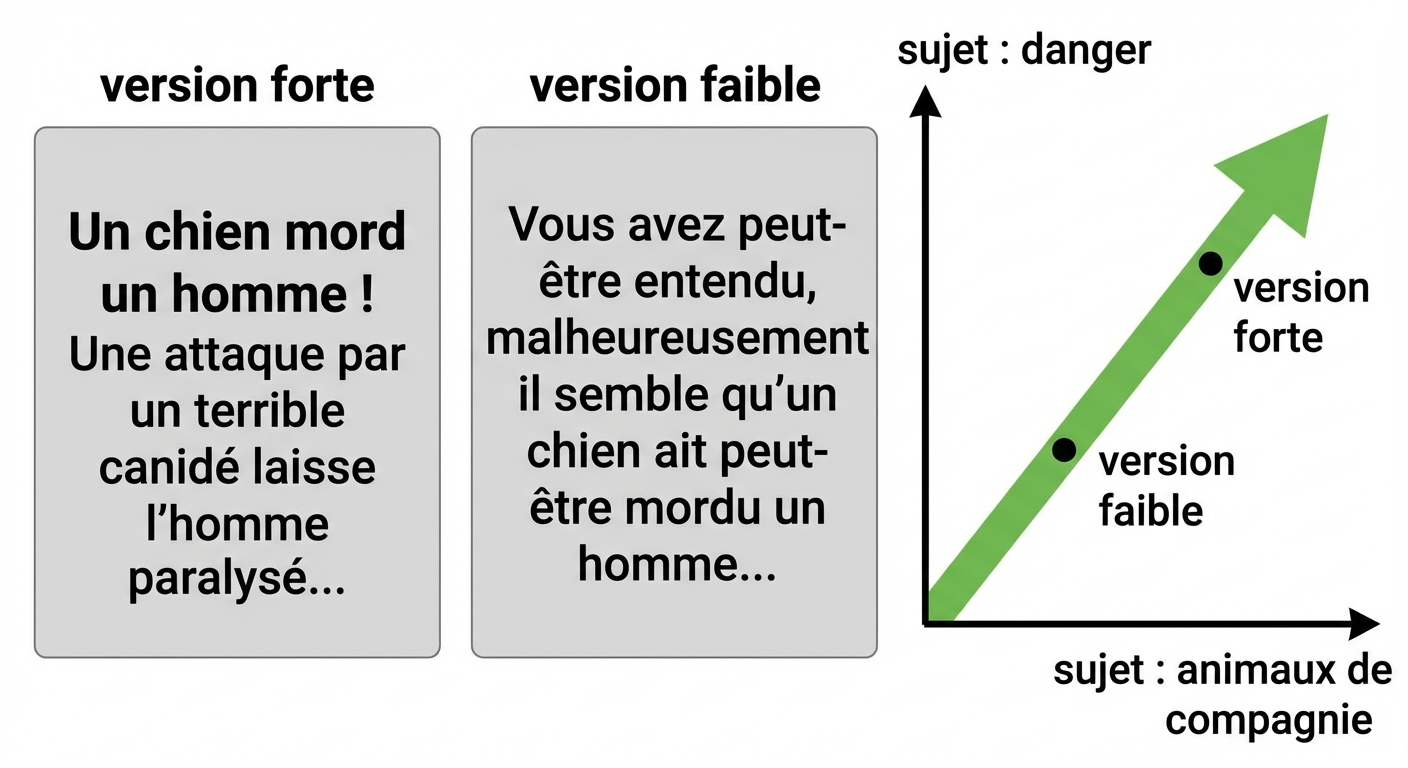Scatter plot of topic pets vs topic danger, with strong and weak version lying on the same line through the origin