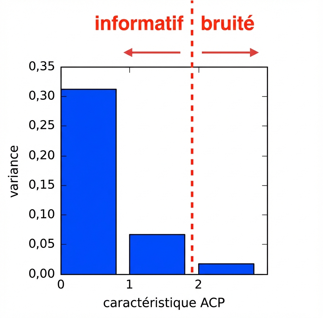 Bar plot showing pca feature number vs variance with vertical line between 1 and 2, with left arrow labeled informative and right arrow labeled noisy
